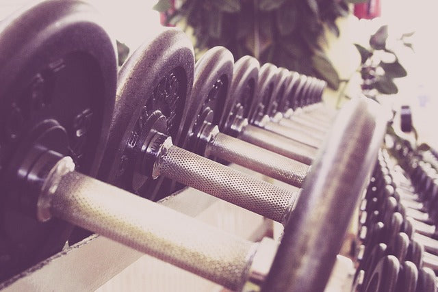 Photo of dumbbells on a weight rack in a line. 